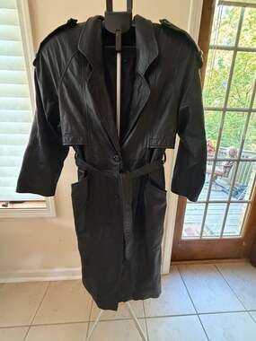 Vintage Pelle Black Genuine Leather Double Breasted Belted Trench Coat